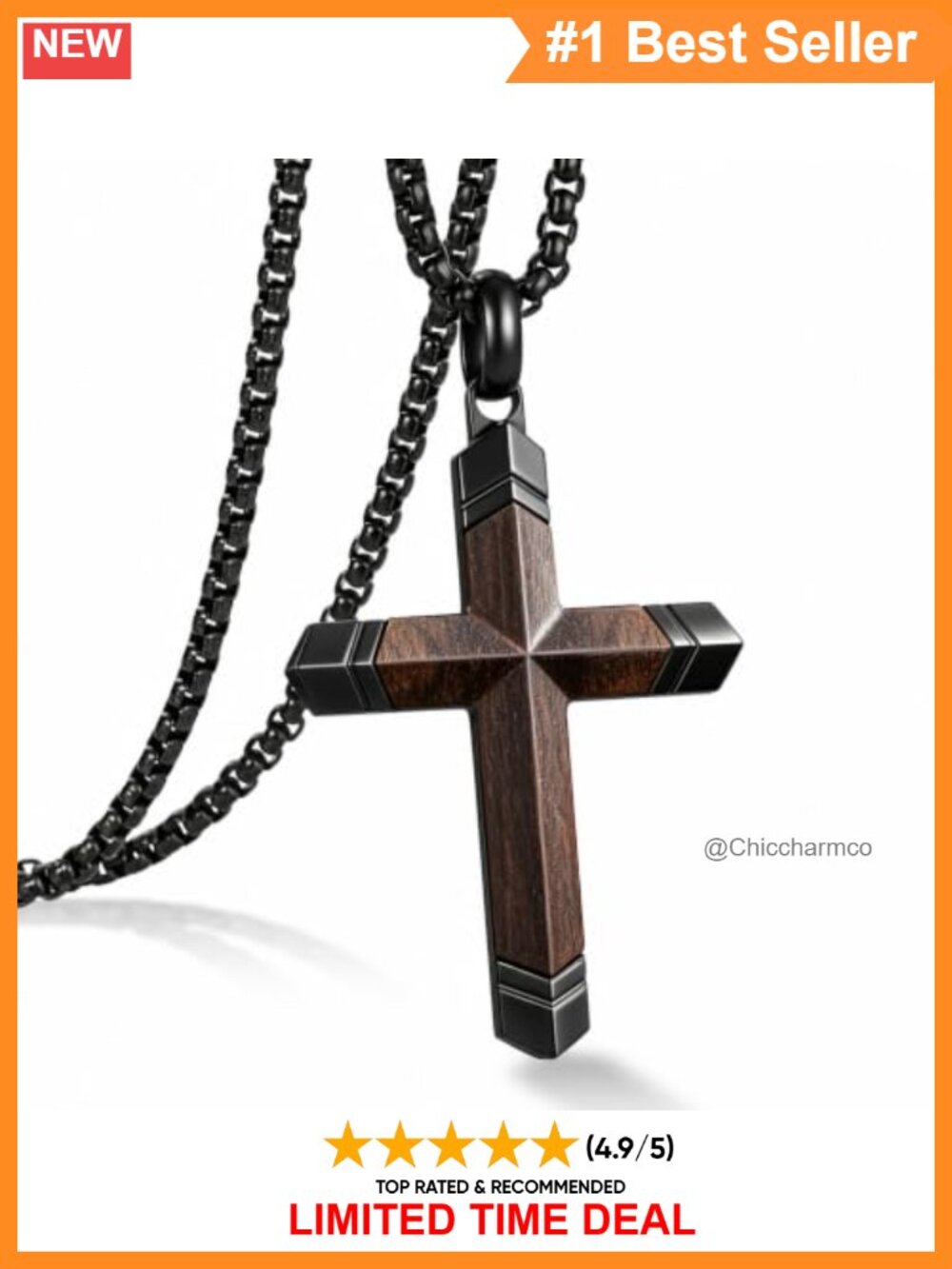 Men's Wooden Cross Necklace Stainless Steel Chain 24-26in